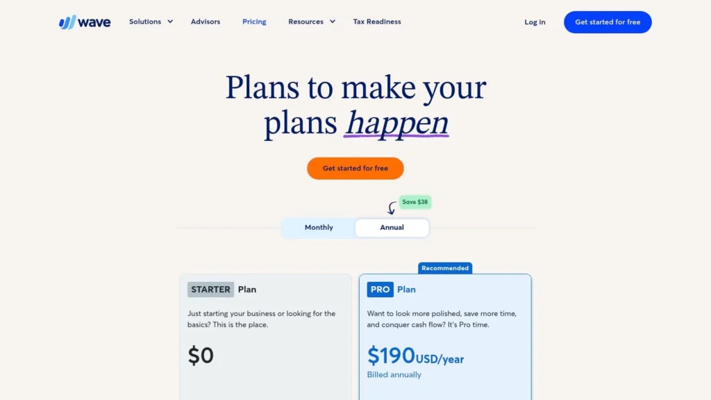 Wave pricing page showing Starter plan at $0 and recommended Pro plan at $190 per year, with monthly and annual billing toggle and “Get started for free” button.