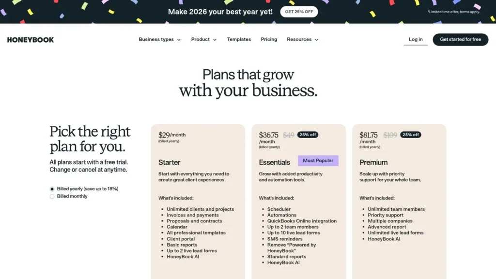 HoneyBook pricing page showing Starter, Essentials, and Premium plans with monthly costs billed yearly, feature lists, and “Get started for free” button, highlighting Essentials as most popular.