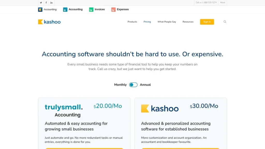 Kashoo pricing page showing Trulysmall Accounting for $20/month and Kashoo plan for $30/month with monthly and annual billing options for small business accounting software.