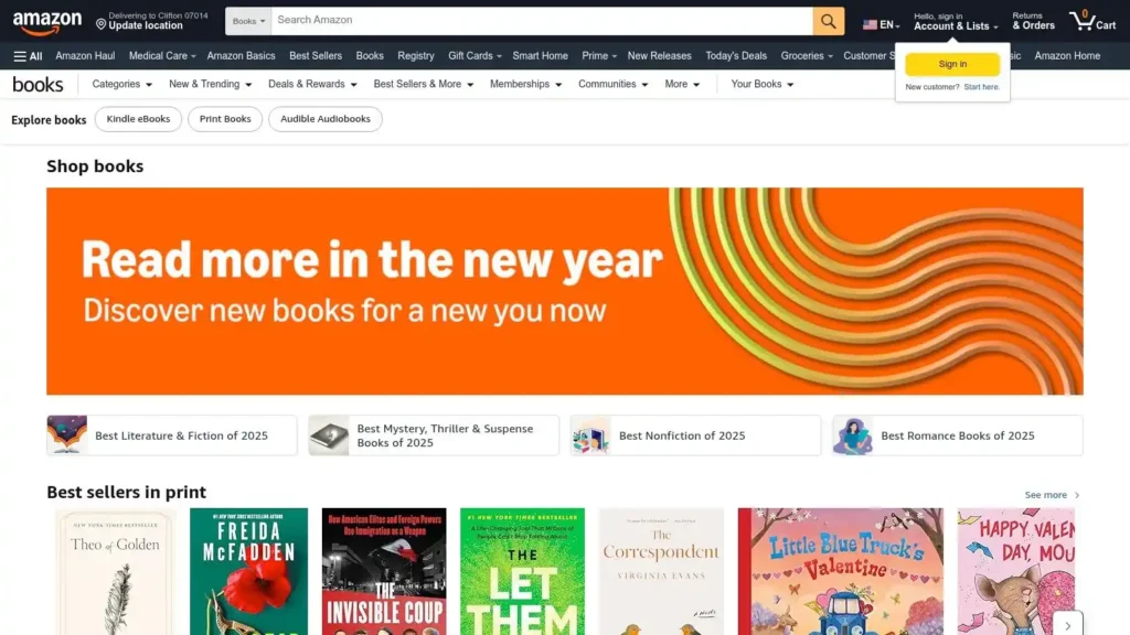 Best Business Books For Entrepreneurs to Accelerate Startup Growth Amazon Books homepage showing a “Read more in the new year” banner and best-selling books across categories, highlighting popular titles, new releases, and book shopping on Amazon.