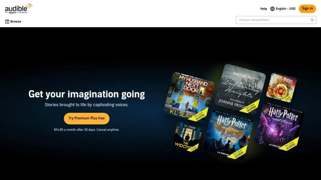 Best Business Books For Entrepreneurs to Accelerate Startup Growth Audible homepage featuring a “Get your imagination going” banner, showcasing popular audiobooks and offering a free trial for Audible Premium Plus with narrated stories and book covers displayed.