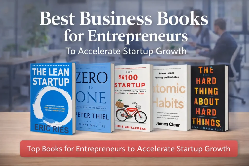 Best Business Books For Entrepreneurs to Accelerate Startup Growth Best business books for entrepreneurs to accelerate startup growth, featuring popular startup and personal development books displayed on a desk with a modern office and team meeting in the background.