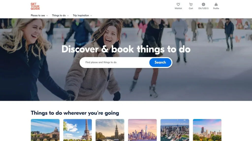GetYourGuide homepage featuring “Discover & book things to do” search bar over an image of people ice skating, with navigation for places, activities, and trip inspiration.