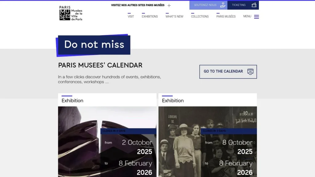 Paris Musées website calendar page highlighting upcoming exhibitions and events, with featured exhibition cards, dates, and a “Go to the calendar” button.