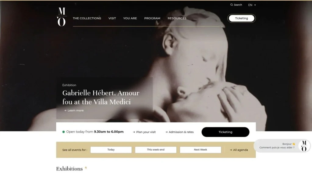 Homepage of a Paris museum website featuring the exhibition “Gabrielle Hébert. Amour fou at the Villa Medici,” with a classical artwork background, opening hours, and ticketing information.