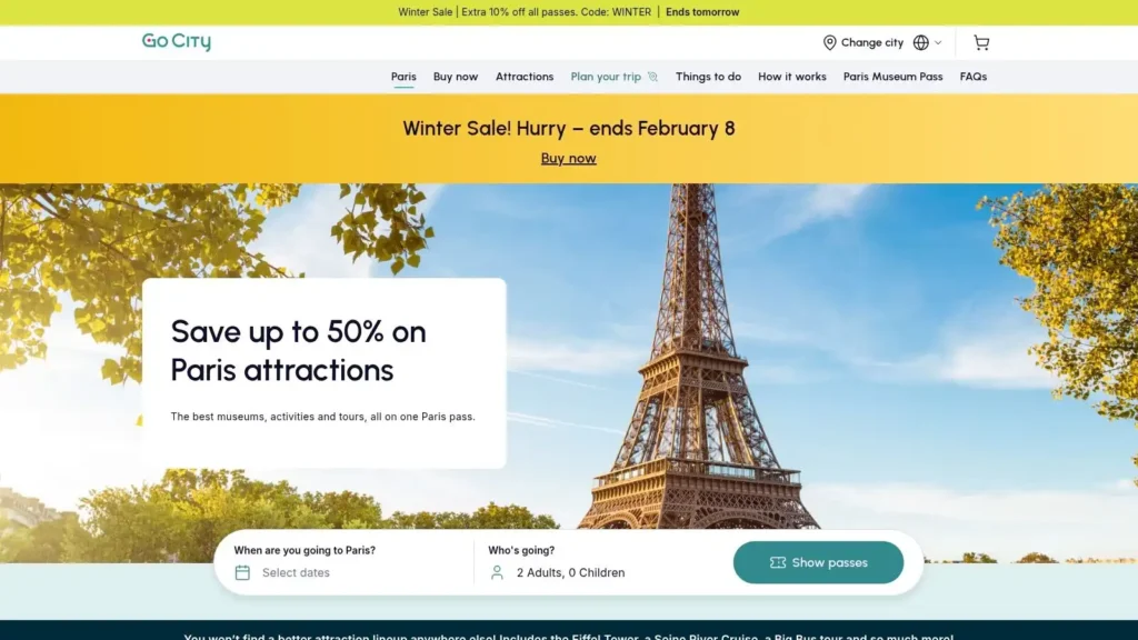 Go City Paris attractions page promoting up to 50% savings on Paris museum and tour passes, featuring the Eiffel Tower and a winter sale banner.