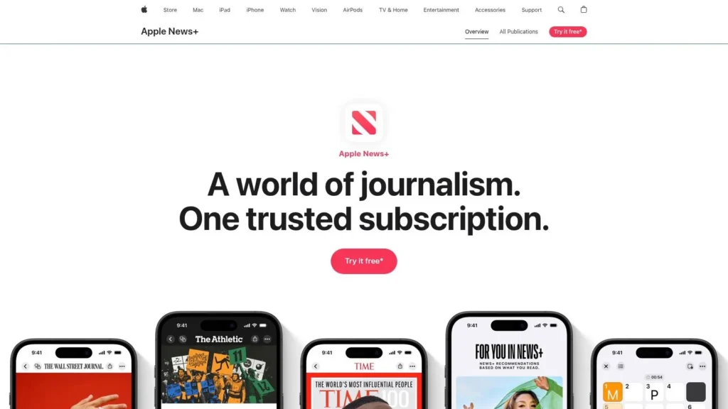 Screenshot of the Apple News+ webpage with the headline “A world of journalism. One trusted subscription.” featuring a “Try it free” button and iPhone screens displaying news publications.