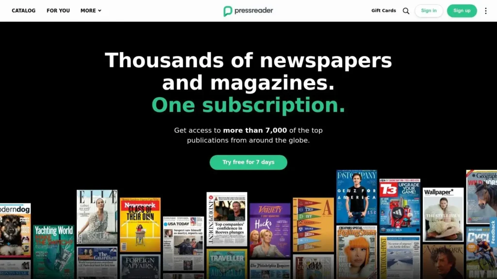 Screenshot of the PressReader website promoting access to thousands of newspapers and magazines with the headline “One subscription,” featuring a free trial button and multiple publication covers displayed.
