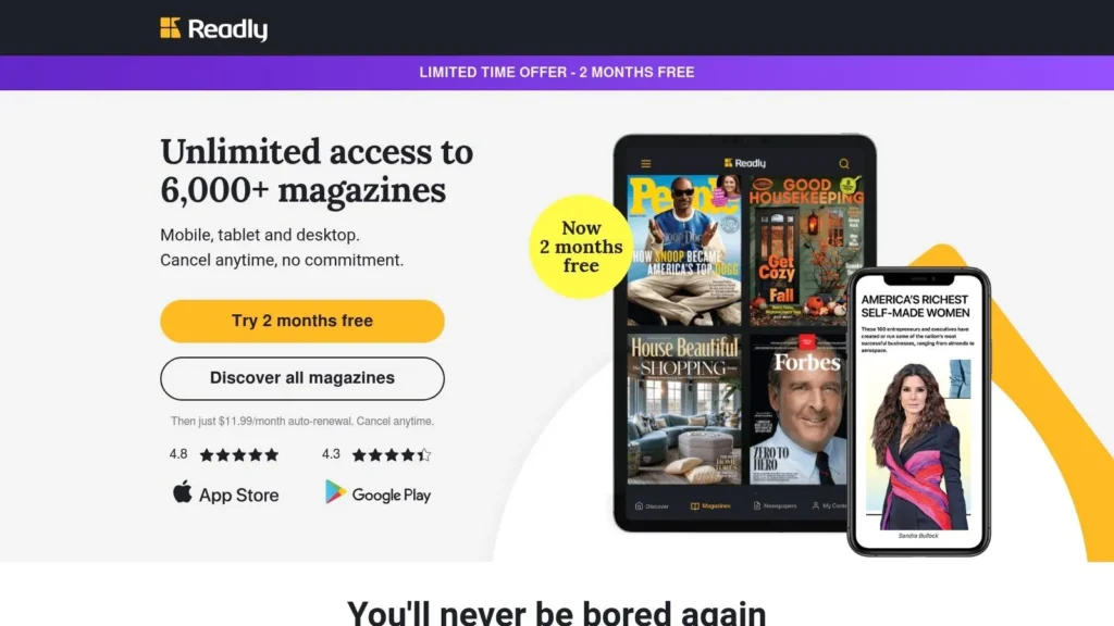 Screenshot of the Readly website promoting unlimited access to 6,000+ magazines with a “Try 2 months free” offer, showing tablet and smartphone screens displaying popular magazine covers.