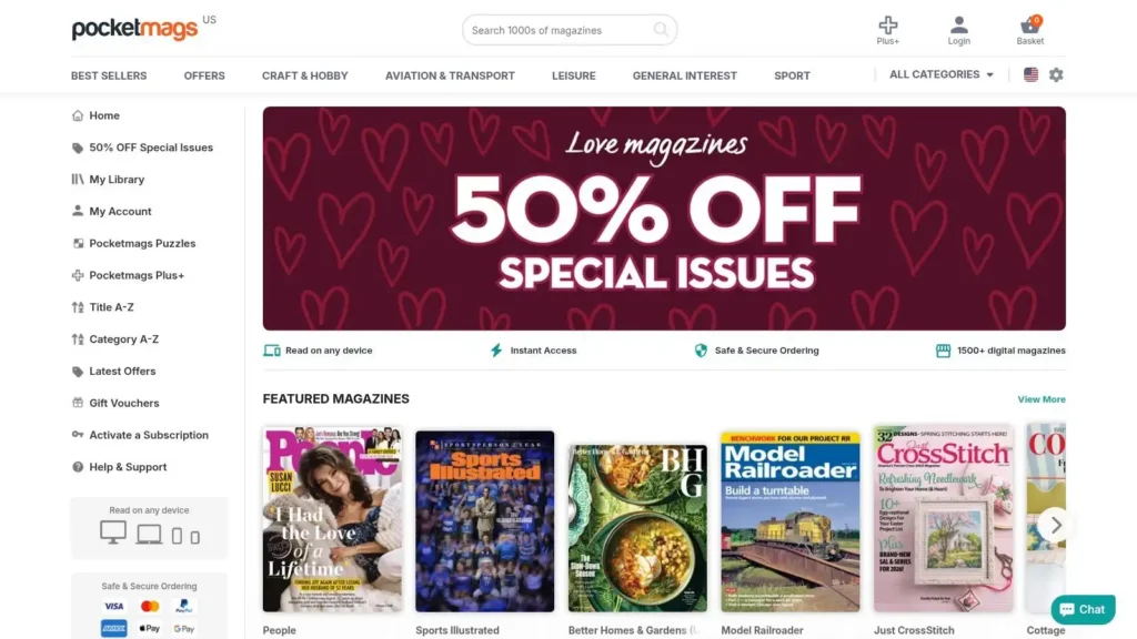Screenshot of the Pocketmags website homepage featuring a banner for “50% Off Special Issues,” navigation categories, and featured digital magazine covers.