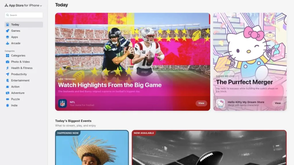 Apple App Store Today tab on iPhone featuring “Watch Highlights From the Big Game” NFL banner and “The Purrfect Merger” Hello Kitty game, with categories menu on the left.