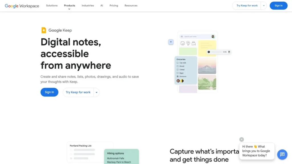 Google Keep homepage under Google Workspace showing the headline “Digital notes, accessible from anywhere,” with sample note cards, a grocery checklist, and options to sign in or try Keep for work.
