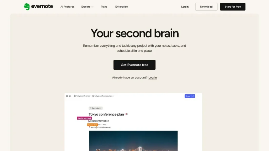 Evernote homepage with the headline “Your second brain,” featuring a call-to-action button and a sample note interface showing a Tokyo conference plan with organized notes and tags.
