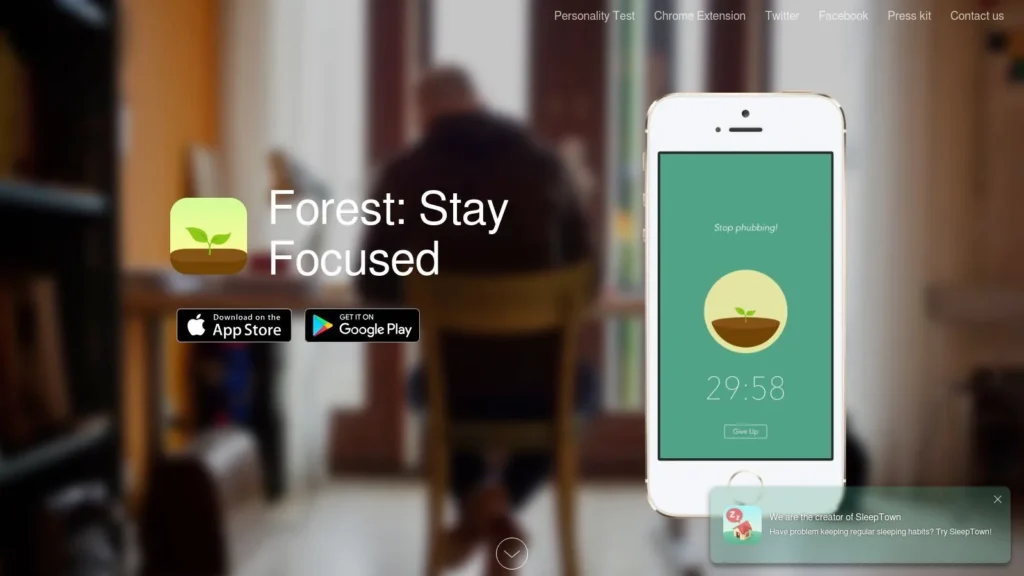 Forest app homepage with “Forest: Stay Focused” headline, showing a smartphone screen with a 29:58 countdown timer and a growing tree illustration, plus App Store and Google Play download buttons.