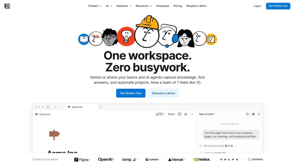 Notion homepage featuring the headline “One workspace. Zero busywork.” with illustrations of team members, call-to-action buttons for Get Notion free and Request a demo, and a preview of the Notion workspace interface.