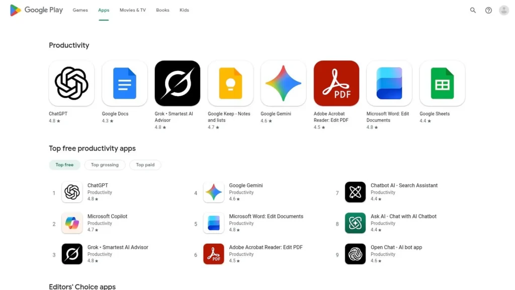 Google Play Store Apps tab showing Productivity category with top free productivity apps including ChatGPT, Microsoft Copilot, Google Gemini, Adobe Acrobat Reader, Microsoft Word, and Google Sheets.