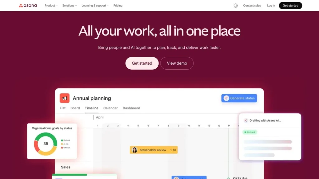 Asana homepage featuring the headline “All your work, all in one place,” with an annual planning dashboard, timeline view, status chart, and AI-generated updates for project management.