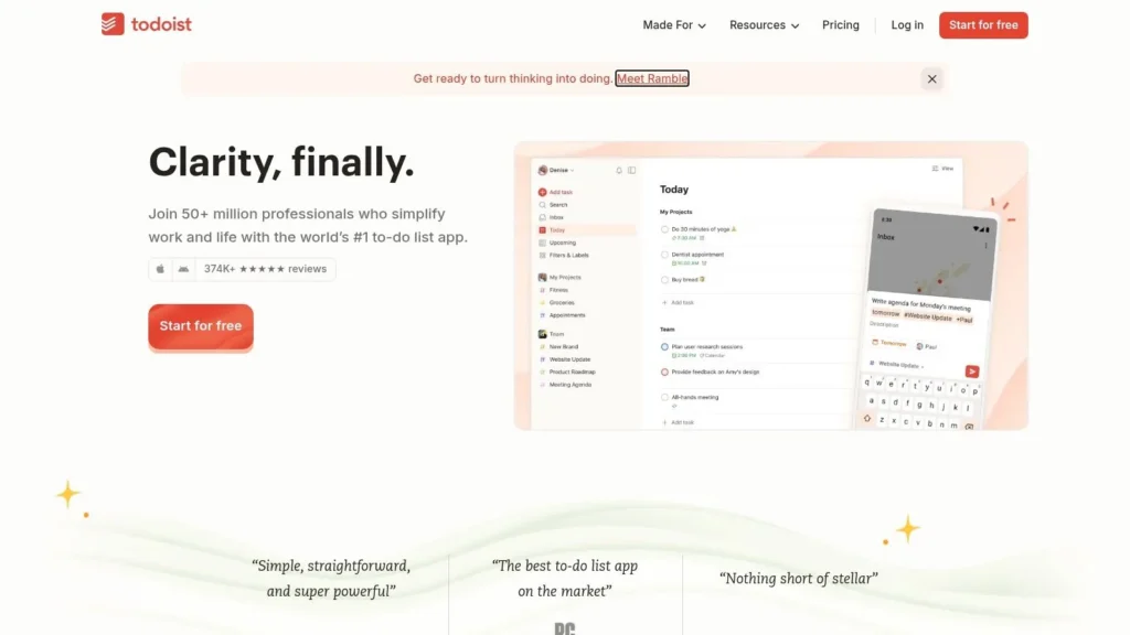 Todoist homepage featuring the headline “Clarity, finally.” with a call-to-action button to Start for free and a preview of the to-do list app interface on desktop and mobile.