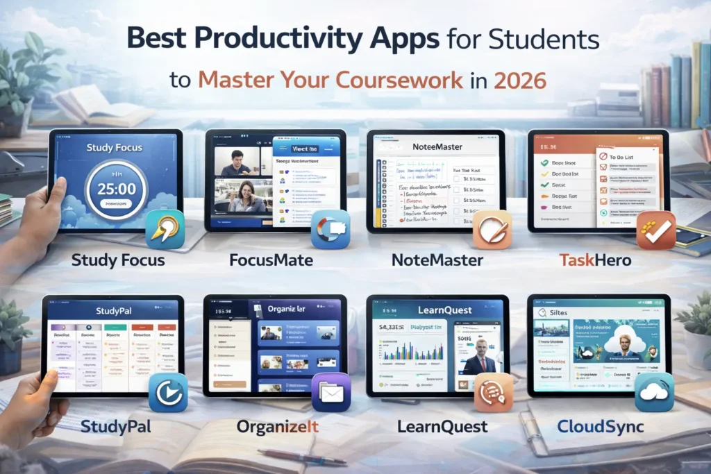 Infographic titled “Best Productivity Apps for Students to Master Your Coursework in 2026” displaying imaginary study and organization apps on tablets, including Study Focus, FocusMate, NoteMaster, TaskHero, StudyPal, OrganizeIt, LearnQuest, and CloudSync, arranged in a clean grid layout over a desk with books and study materials.