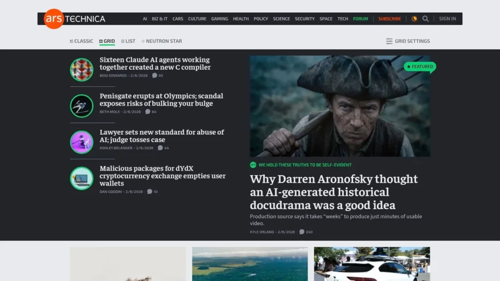 Ars Technica homepage showing featured AI and technology news, including a headline about Darren Aronofsky and an AI-generated historical docudrama, with a sidebar of recent tech stories.