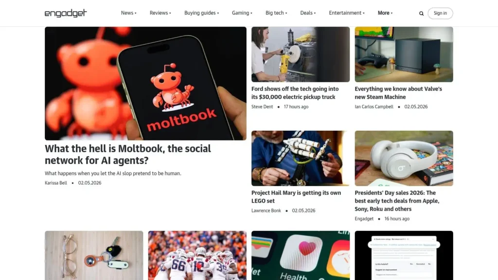 Engadget homepage featuring a headline about Moltbook, a social network for AI agents, with additional tech news stories on gadgets, gaming, and product reviews displayed alongside.