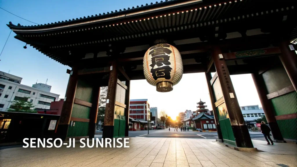 Sunrise view at Senso-ji Temple in Tokyo featuring the Kaminarimon gate with a large red lantern, morning light over the pagoda and surrounding buildings, labeled “Senso-ji Sunrise.”
