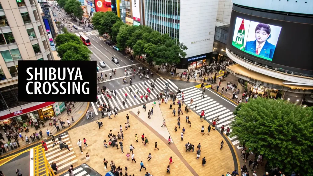 Aerial view of Shibuya Crossing in Tokyo with crowds of pedestrians crossing multiple zebra crosswalks surrounded by tall buildings and digital billboards, labeled “Shibuya Crossing.”