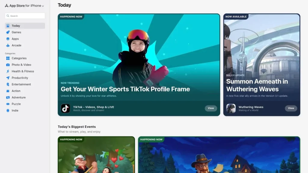 Apple App Store for iPhone Today page displaying featured apps, including a TikTok winter sports profile frame promotion and Wuthering Waves update.