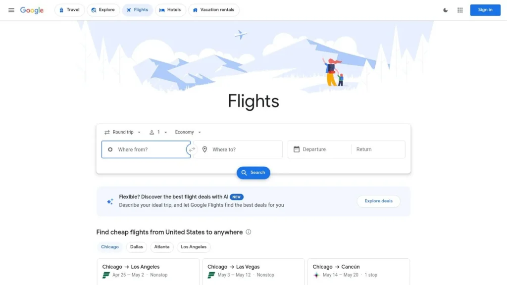 Google Flights search page showing round-trip flight form with departure and destination fields, dates, and economy class options.