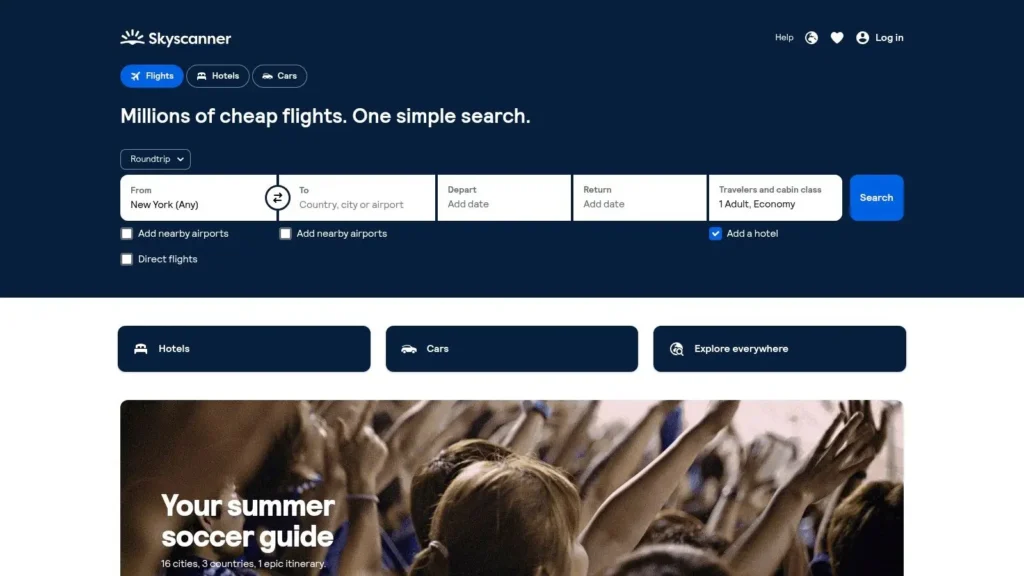 Skyscanner flight search homepage showing round-trip form with departure, destination, dates, travelers, and options for hotels and cars.