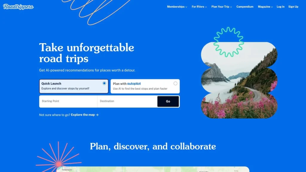 Roadtrippers website homepage promoting AI-powered road trip planning with start and destination fields and scenic mountain road imagery.