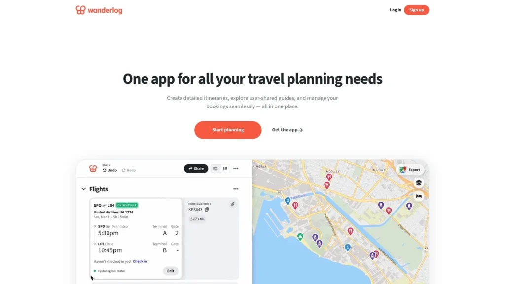 Wanderlog travel planning app homepage featuring itinerary management, flight details, and an interactive map interface.