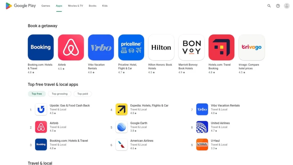 Google Play Store Apps tab showing top travel and local apps, including Booking.com, Airbnb, Vrbo, Priceline, Hilton, Marriott Bonvoy, Hotels.com, and Trivago.