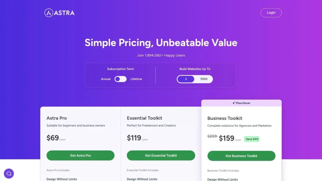 Screenshot of Astra WordPress theme pricing page with headline “Simple Pricing, Unbeatable Value,” subscription toggle options, and pricing plans for Astra Pro, Essential Toolkit, and Business Toolkit.