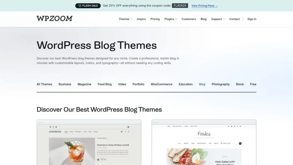 Screenshot of WPZOOM WordPress Blog Themes page featuring headline “WordPress Blog Themes,” category filters, and preview examples of blog layouts for different niches.