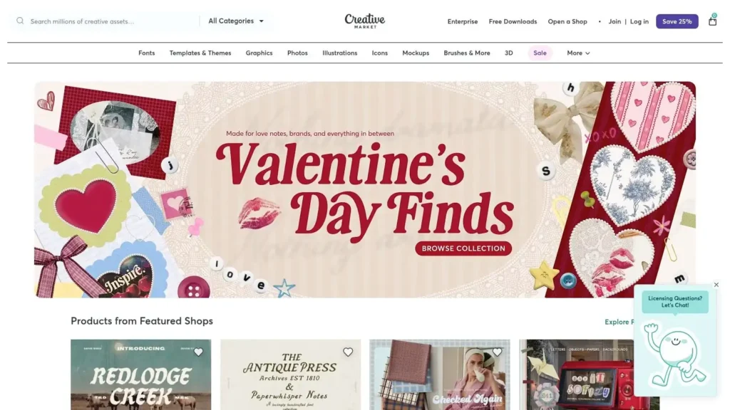 Screenshot of the Creative Market homepage featuring a “Valentine’s Day Finds” banner with heart-themed graphics and links to browse design assets, fonts, templates, and graphics.