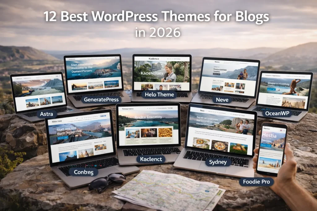 Realistic cover image titled “12 Best WordPress Themes for Blogs in 2026” showing multiple laptops and a smartphone displaying different blog website layouts, set against a scenic outdoor backdrop with a map and sunglasses in the foreground.