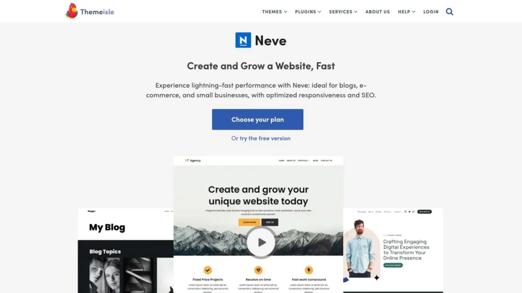 Screenshot of ThemeIsle Neve WordPress theme page with headline “Create and Grow a Website, Fast,” plan selection button, and preview examples of blog and business website layouts.