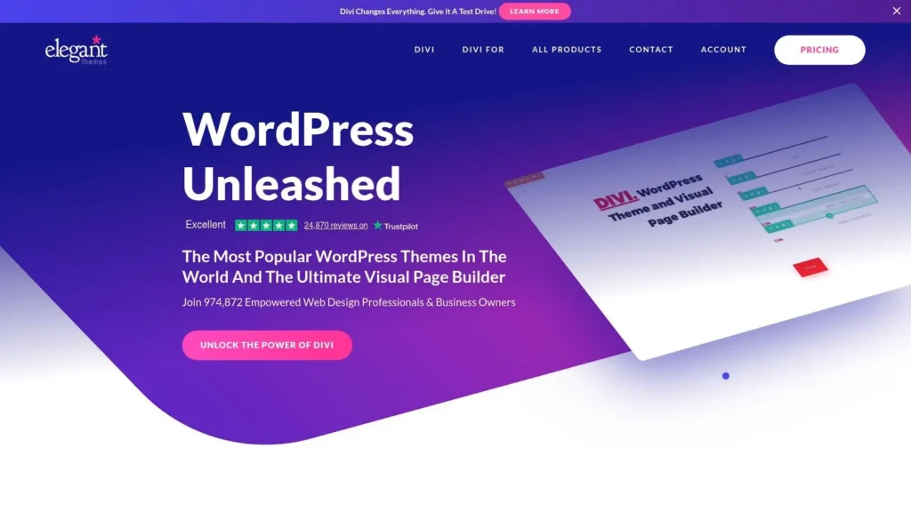 Screenshot of Elegant Themes website promoting Divi WordPress theme and visual page builder with headline “WordPress Unleashed” and call-to-action button to unlock the power of Divi.