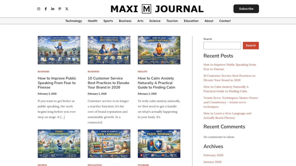 Screenshot of the Maxi Journal blog homepage displaying article thumbnails in categories such as Business, Health, Sports, and Education, with a sidebar showing search, recent posts, and archives.