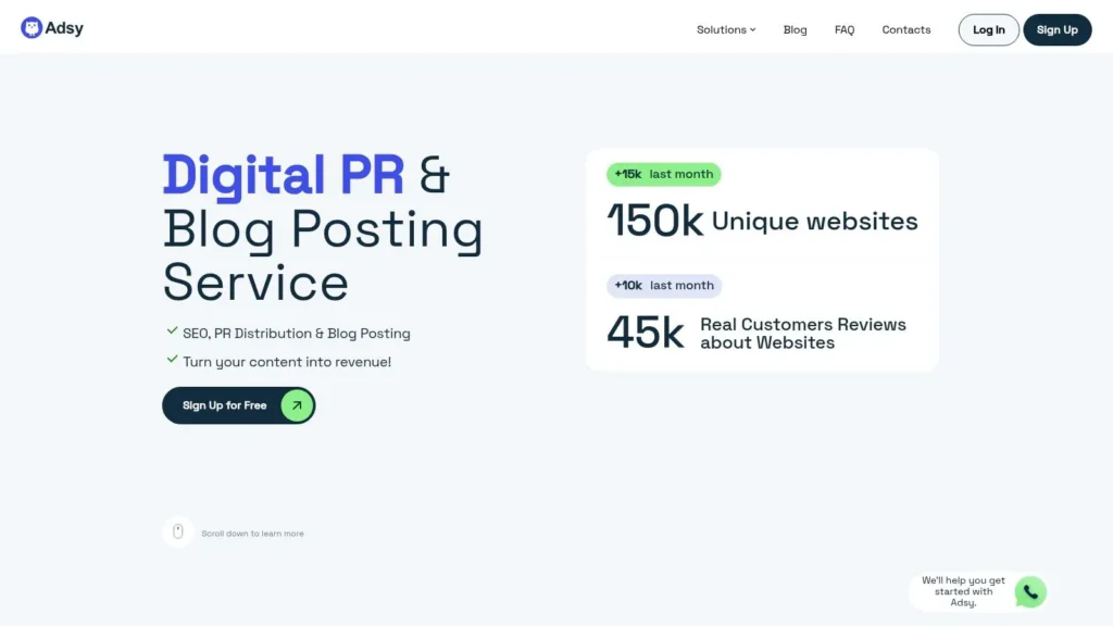 7 Top Blogs Accepting Guest Posts to Boost Your Authority in 2026 Screenshot of the Adsy website homepage promoting “Digital PR & Blog Posting Service,” highlighting SEO and PR distribution features, website statistics, and a sign-up button.