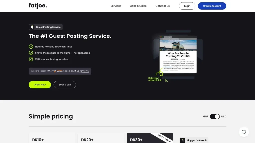 7 Top Blogs Accepting Guest Posts to Boost Your Authority in 2026 Screenshot of the FatJoe website homepage promoting “The #1 Guest Posting Service,” highlighting natural in-content links, ratings, pricing plans, and call-to-action buttons.