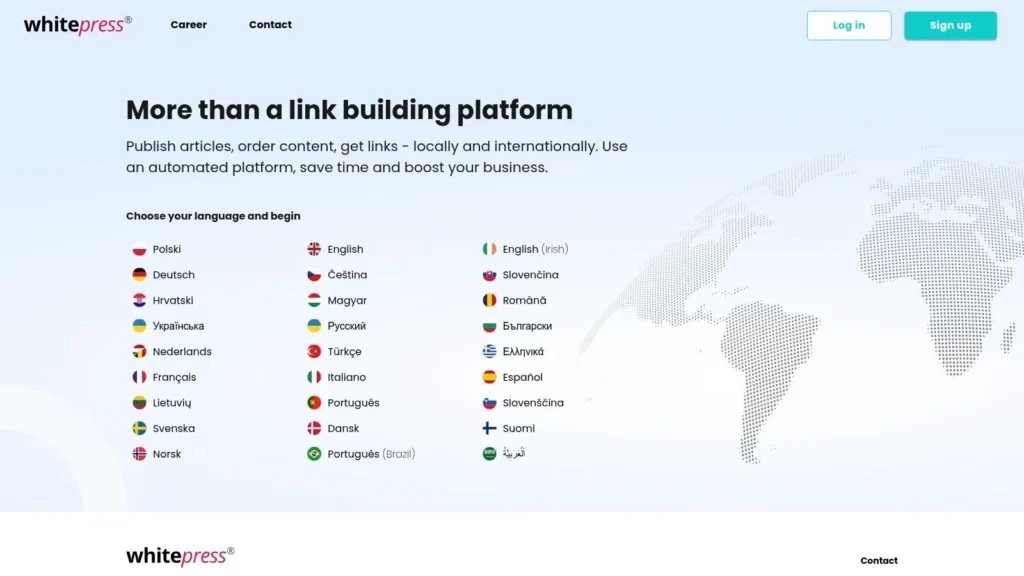 WhitePress homepage showcasing a link building platform with multilingual language selection options and a global world map background.