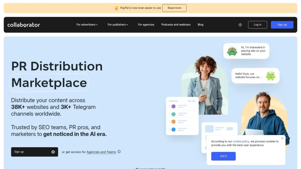 Collaborator PR Distribution Marketplace homepage promoting content distribution across 38K+ websites and 3K+ Telegram channels, featuring sign-up options and marketing-focused messaging.