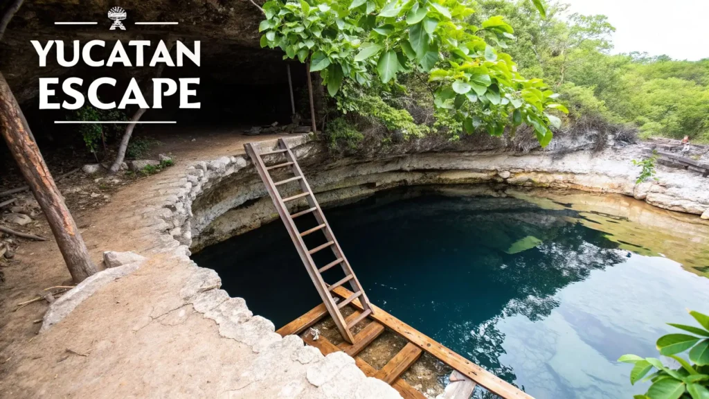 Natural cenote in Yucatan with clear blue water, stone walkway, and wooden ladder leading into the pool beneath lush greenery, labeled “Yucatan Escape.”