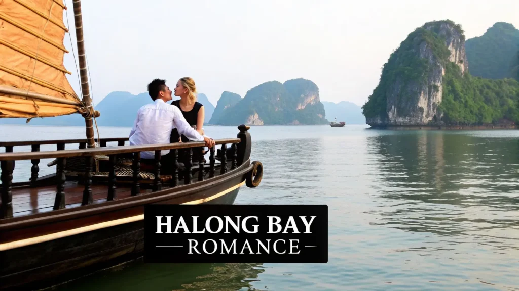 Couple sitting together on a traditional wooden boat in Halong Bay, Vietnam, surrounded by limestone karst islands and calm waters, with “Halong Bay Romance” text overlay.