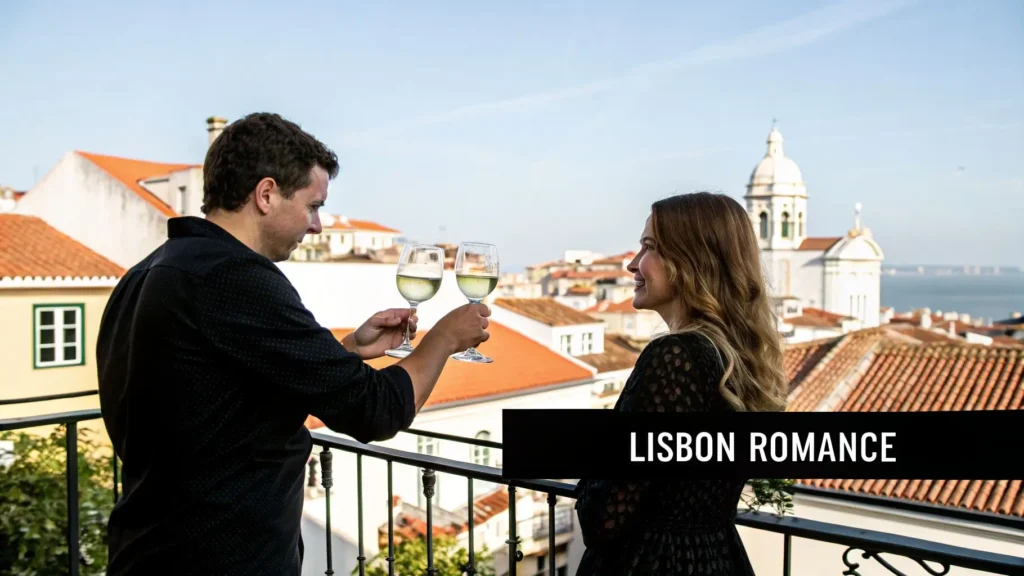 Couple toasting with glasses of white wine on a balcony overlooking Lisbon’s red rooftops and historic buildings, with “Lisbon Romance” text overlay.