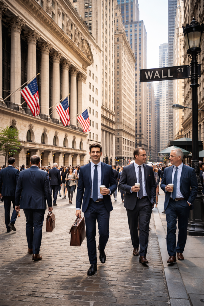 Businessmen walking on Wall Street in New York City near the New York Stock Exchange, with American flags displayed on historic buildings in Manhattan’s Financial District, capturing the busy corporate atmosphere and global finance hub.