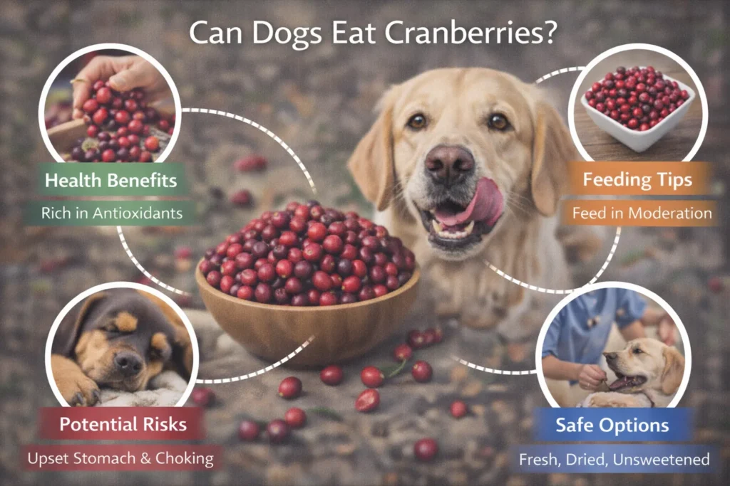 Realistic cover image titled “Can Dogs Eat Cranberries?” showing a golden retriever beside a wooden bowl of fresh cranberries, with highlighted sections on health benefits like antioxidants, feeding tips in moderation, potential risks such as upset stomach, and safe options including fresh or unsweetened cranberries.