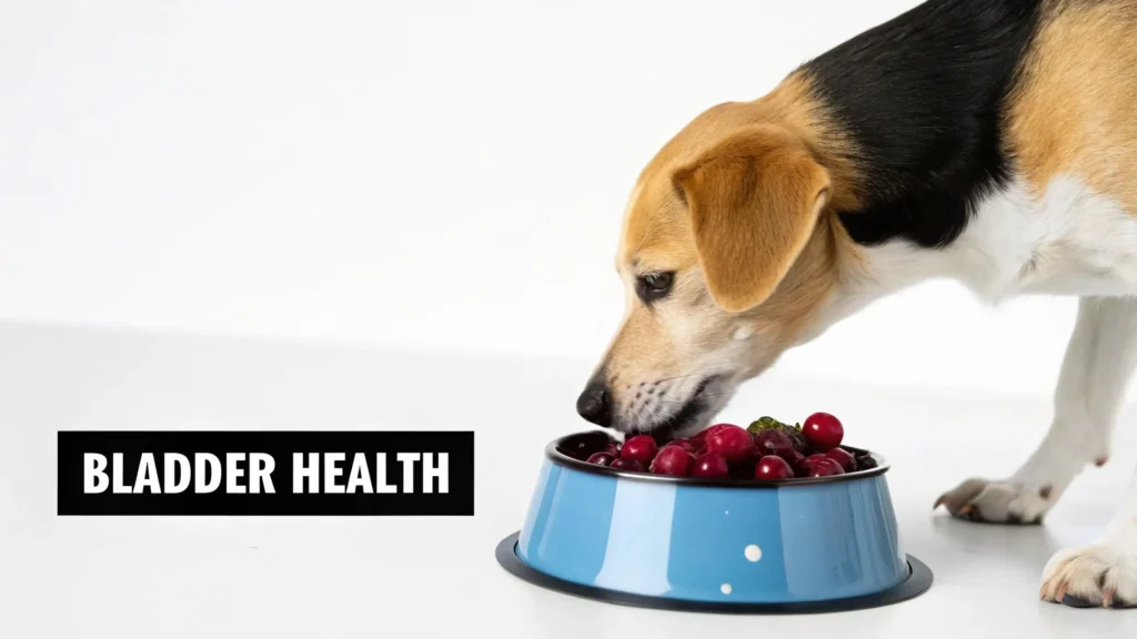 Dog eating fresh cranberries from a blue bowl with “Bladder Health” text overlay, illustrating potential urinary health benefits.